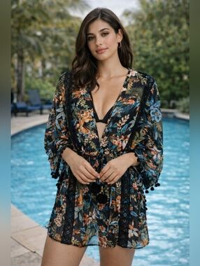 Time and Tru Black Tropical Swimsuit Coverup